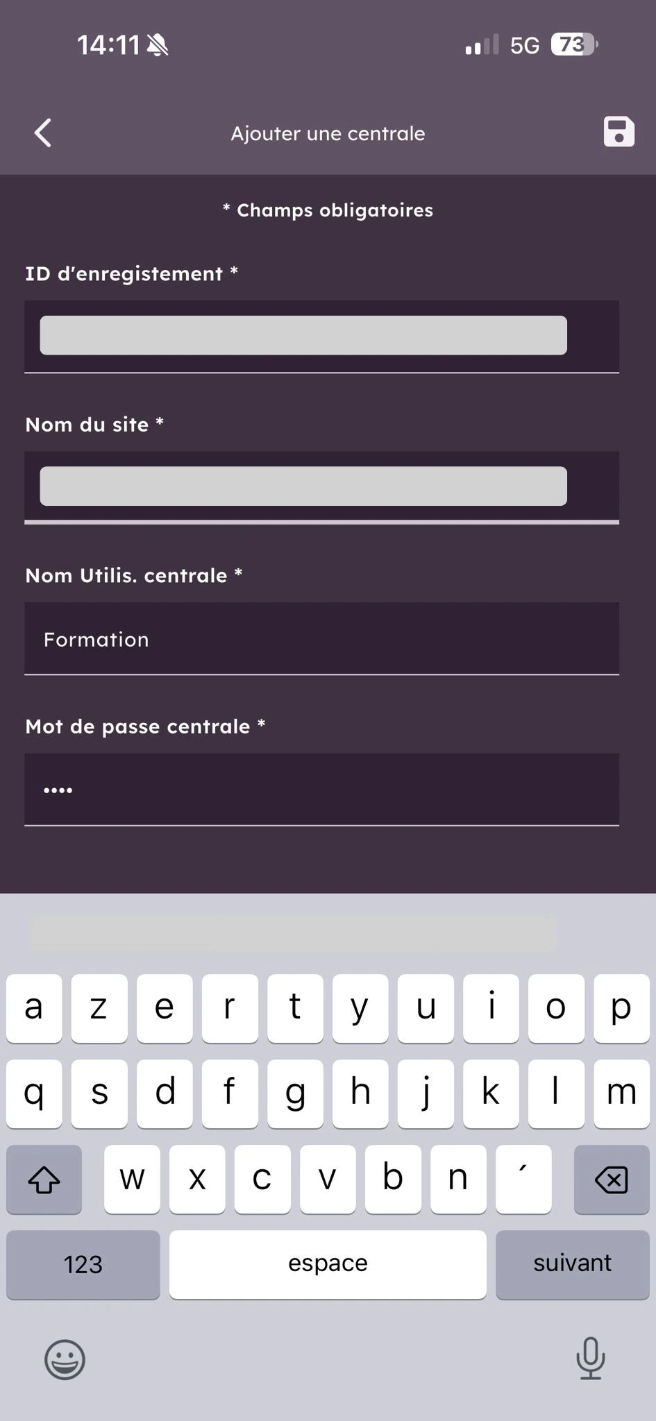 Formulaire d'ajout d'une centrale dans Acre Intrusion Connect avec ID d'enregistrement, nom du site, utilisateur et mot de passe