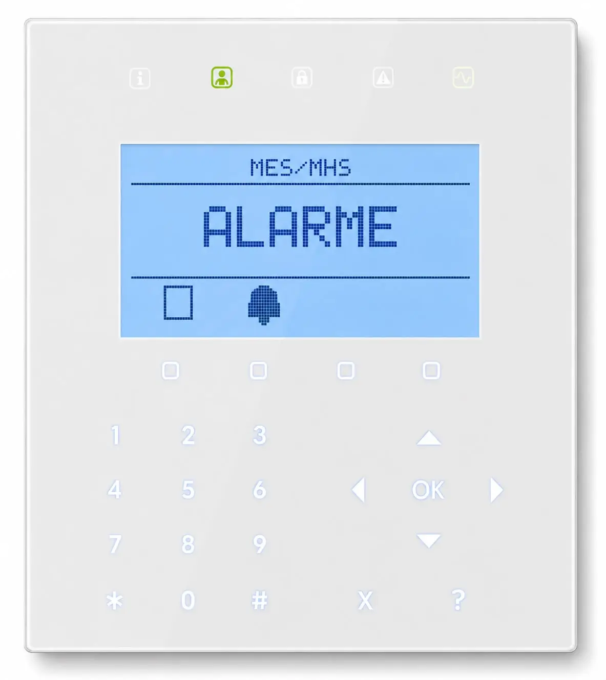 Écran du clavier Vanderbilt SPC4300 signalant une alarme déclenchée