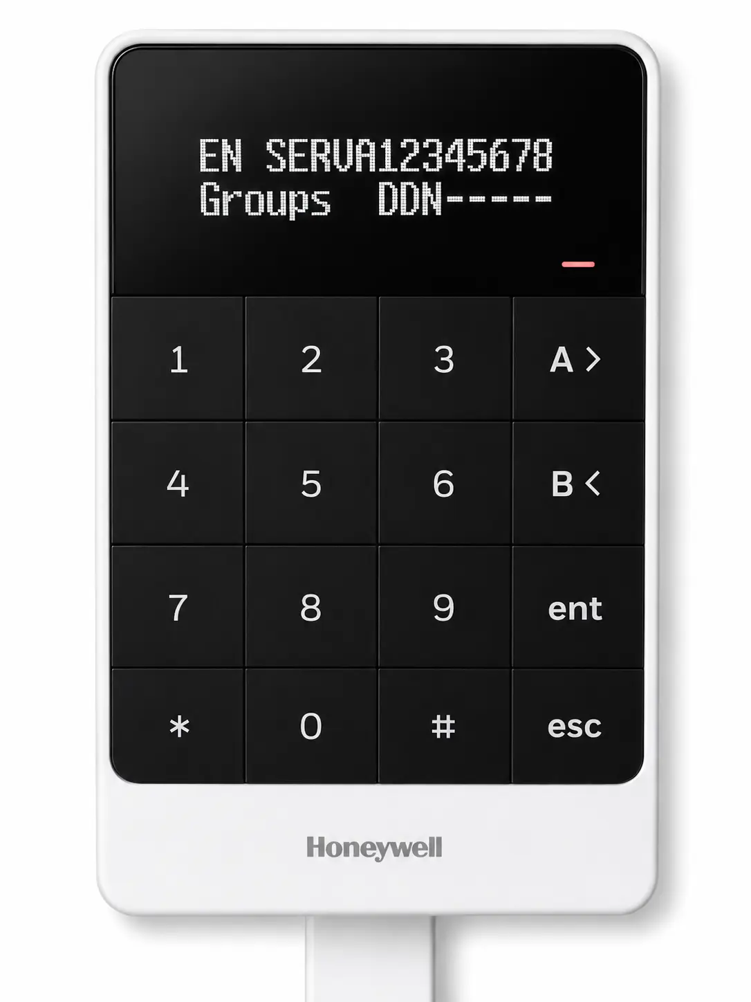 Écran de sélection de groupe du clavier Honeywell Galaxy affichant EN SERV et l'état des groupes