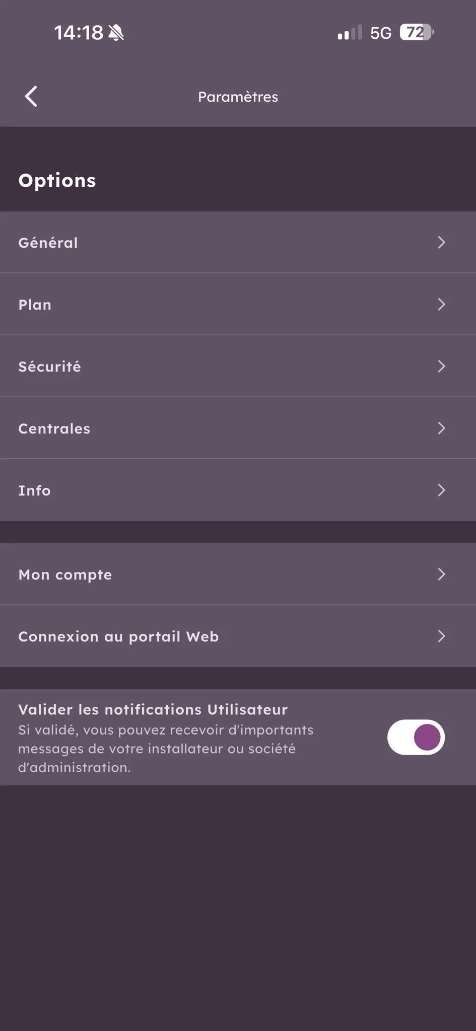 Écran des paramètres d'Acre Intrusion Connect avec l'entrée Centrales